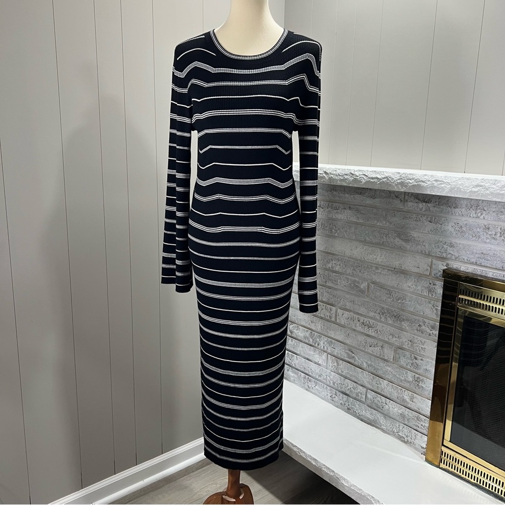 J. Crew Cashmere Blend Rib Knit Long Sleeve Black White Stripe Midi Dress M